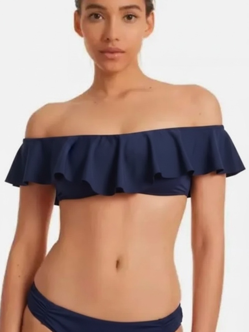 Trina Turk Ruffle Off-Shoulder Bandeau Bikini Top  Navy Blue  NWT